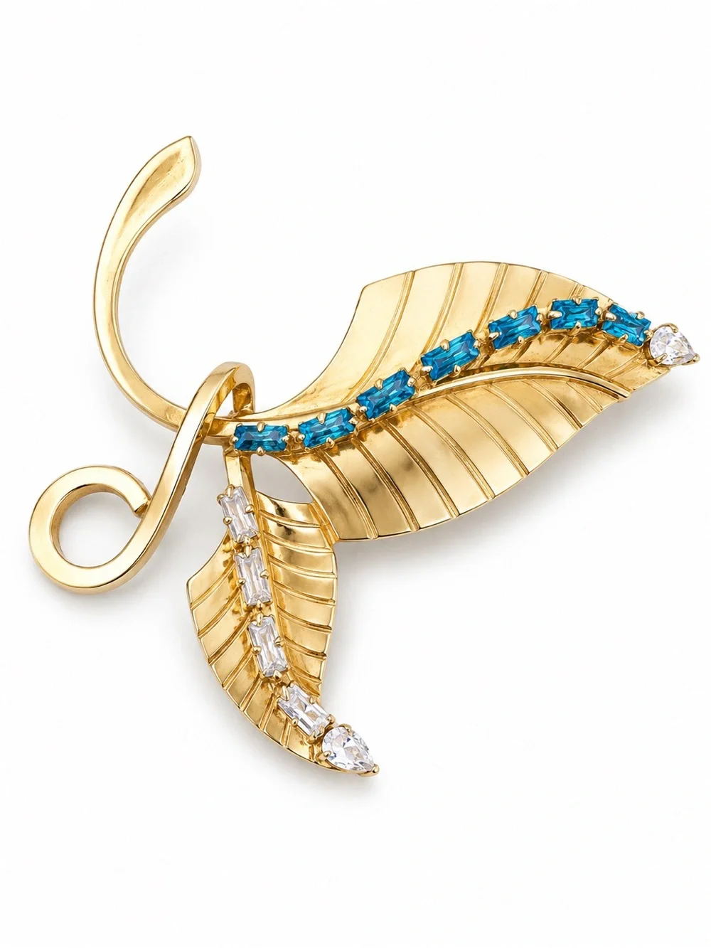 Vintage Gold Tone Leaf Brooch with Blue Rhinestones Mid-Century Floral Spray Pin